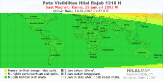 HilalMap: Peta Visibilitas Hilal Rajab 1310 H: rukyat tanggal 1893-1-19 M