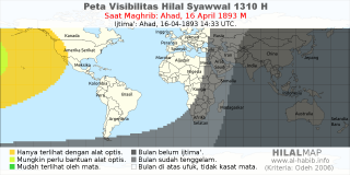 HilalMap: Peta Visibilitas Hilal Syawwal 1310 H: rukyat tanggal 1893-4-16 M