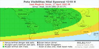 HilalMap: Peta Visibilitas Hilal Syawwal 1310 H: rukyat tanggal 1893-4-17 M