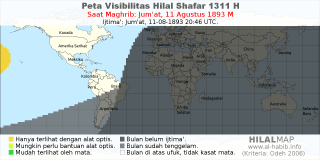 HilalMap: Peta Visibilitas Hilal Shafar 1311 H: rukyat tanggal 1893-8-11 M