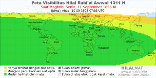 HilalMap: Peta Visibilitas Hilal Rabiul-Awwal 1311 H: rukyat tanggal 1893-9-11 M