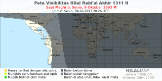 HilalMap: Peta Visibilitas Hilal Rabiul-Akhir 1311 H: rukyat tanggal 1893-10-9 M