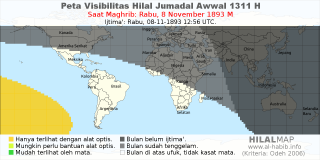 HilalMap: Peta Visibilitas Hilal Jumadal-Awwal 1311 H: rukyat tanggal 1893-11-8 M