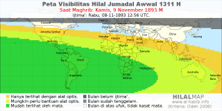 HilalMap: Peta Visibilitas Hilal Jumadal-Awwal 1311 H: rukyat tanggal 1893-11-9 M