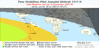 HilalMap: Peta Visibilitas Hilal Jumadal-Akhirah 1311 H: rukyat tanggal 1893-12-8 M