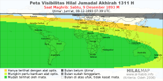 HilalMap: Peta Visibilitas Hilal Jumadal-Akhirah 1311 H: rukyat tanggal 1893-12-9 M