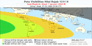 HilalMap: Peta Visibilitas Hilal Rajab 1311 H: rukyat tanggal 1894-1-7 M