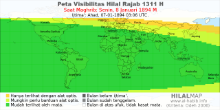 HilalMap: Peta Visibilitas Hilal Rajab 1311 H: rukyat tanggal 1894-1-8 M