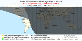 HilalMap: Peta Visibilitas Hilal Syaban 1311 H: rukyat tanggal 1894-2-5 M