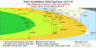 HilalMap: Peta Visibilitas Hilal Syaban 1311 H: rukyat tanggal 1894-2-6 M
