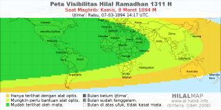 HilalMap: Peta Visibilitas Hilal Ramadhan 1311 H: rukyat tanggal 1894-3-8 M