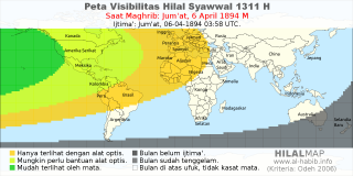 HilalMap: Peta Visibilitas Hilal Syawwal 1311 H: rukyat tanggal 1894-4-6 M