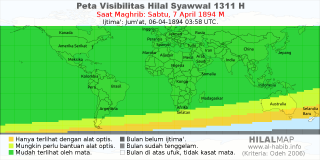 HilalMap: Peta Visibilitas Hilal Syawwal 1311 H: rukyat tanggal 1894-4-7 M
