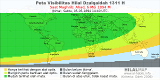 HilalMap: Peta Visibilitas Hilal Dzulqaidah 1311 H: rukyat tanggal 1894-5-6 M