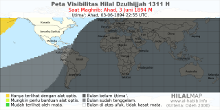 HilalMap: Peta Visibilitas Hilal Dzulhijjah 1311 H: rukyat tanggal 1894-6-3 M