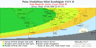 HilalMap: Peta Visibilitas Hilal Dzulhijjah 1311 H: rukyat tanggal 1894-6-4 M