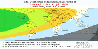 HilalMap: Peta Visibilitas Hilal Muharram 1312 H: rukyat tanggal 1894-7-3 M