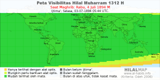 HilalMap: Peta Visibilitas Hilal Muharram 1312 H: rukyat tanggal 1894-7-4 M