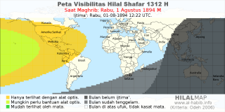 HilalMap: Peta Visibilitas Hilal Shafar 1312 H: rukyat tanggal 1894-8-1 M