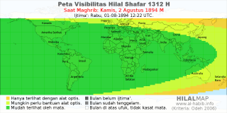HilalMap: Peta Visibilitas Hilal Shafar 1312 H: rukyat tanggal 1894-8-2 M