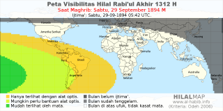 HilalMap: Peta Visibilitas Hilal Rabiul-Akhir 1312 H: rukyat tanggal 1894-9-29 M