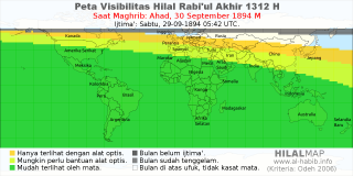 HilalMap: Peta Visibilitas Hilal Rabiul-Akhir 1312 H: rukyat tanggal 1894-9-30 M