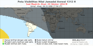 HilalMap: Peta Visibilitas Hilal Jumadal-Awwal 1312 H: rukyat tanggal 1894-10-28 M