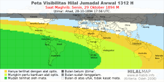 HilalMap: Peta Visibilitas Hilal Jumadal-Awwal 1312 H: rukyat tanggal 1894-10-29 M