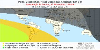 HilalMap: Peta Visibilitas Hilal Jumadal-Akhirah 1312 H: rukyat tanggal 1894-11-27 M