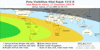 HilalMap: Peta Visibilitas Hilal Rajab 1312 H: rukyat tanggal 1894-12-27 M
