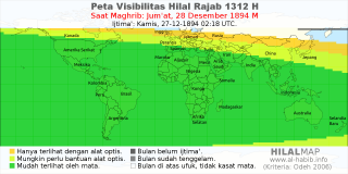 HilalMap: Peta Visibilitas Hilal Rajab 1312 H: rukyat tanggal 1894-12-28 M