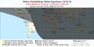 HilalMap: Peta Visibilitas Hilal Syaban 1312 H: rukyat tanggal 1895-1-25 M