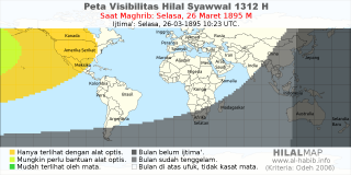 HilalMap: Peta Visibilitas Hilal Syawwal 1312 H: rukyat tanggal 1895-3-26 M