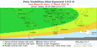 HilalMap: Peta Visibilitas Hilal Syawwal 1312 H: rukyat tanggal 1895-3-27 M