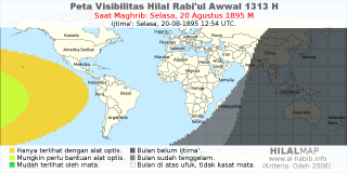 HilalMap: Peta Visibilitas Hilal Rabiul-Awwal 1313 H: rukyat tanggal 1895-8-20 M