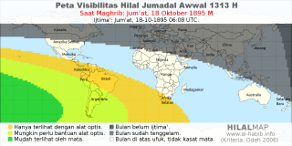 HilalMap: Peta Visibilitas Hilal Jumadal-Awwal 1313 H: rukyat tanggal 1895-10-18 M