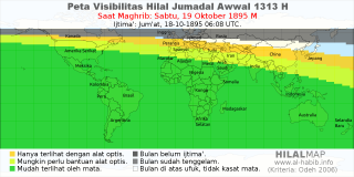 HilalMap: Peta Visibilitas Hilal Jumadal-Awwal 1313 H: rukyat tanggal 1895-10-19 M