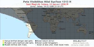 HilalMap: Peta Visibilitas Hilal Syaban 1313 H: rukyat tanggal 1896-1-14 M