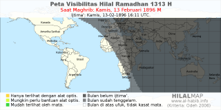 HilalMap: Peta Visibilitas Hilal Ramadhan 1313 H: rukyat tanggal 1896-2-13 M