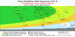 HilalMap: Peta Visibilitas Hilal Syawwal 1313 H: rukyat tanggal 1896-3-15 M
