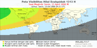 HilalMap: Peta Visibilitas Hilal Dzulqaidah 1313 H: rukyat tanggal 1896-4-13 M