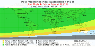 HilalMap: Peta Visibilitas Hilal Dzulqaidah 1313 H: rukyat tanggal 1896-4-14 M