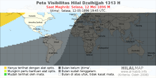 HilalMap: Peta Visibilitas Hilal Dzulhijjah 1313 H: rukyat tanggal 1896-5-12 M