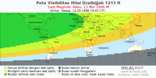 HilalMap: Peta Visibilitas Hilal Dzulhijjah 1313 H: rukyat tanggal 1896-5-13 M