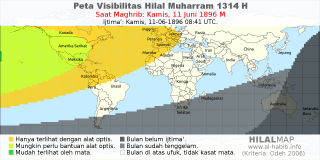 HilalMap: Peta Visibilitas Hilal Muharram 1314 H: rukyat tanggal 1896-6-11 M