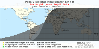 HilalMap: Peta Visibilitas Hilal Shafar 1314 H: rukyat tanggal 1896-7-10 M