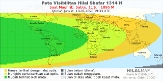 HilalMap: Peta Visibilitas Hilal Shafar 1314 H: rukyat tanggal 1896-7-11 M