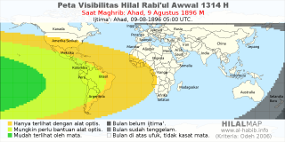 HilalMap: Peta Visibilitas Hilal Rabiul-Awwal 1314 H: rukyat tanggal 1896-8-9 M