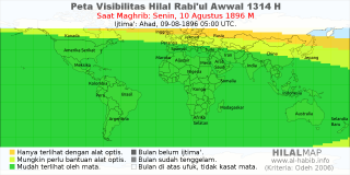 HilalMap: Peta Visibilitas Hilal Rabiul-Awwal 1314 H: rukyat tanggal 1896-8-10 M