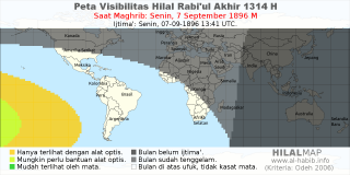 HilalMap: Peta Visibilitas Hilal Rabiul-Akhir 1314 H: rukyat tanggal 1896-9-7 M